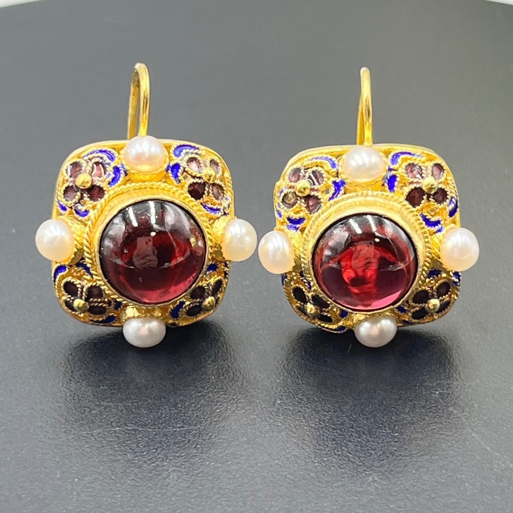 Rhodolite Garnet Gold Plated‎ Sterling Silver S925 Seed Pearl Enamel Earrings